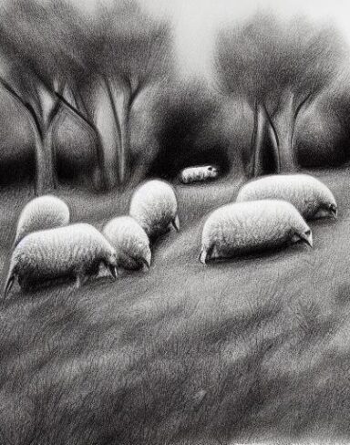Black and white drawing of the sheep and trees