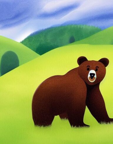 Brown bear sitting on the lush green field