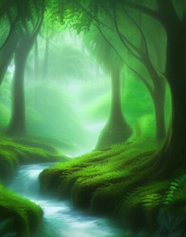 Curve stream running through a green forest