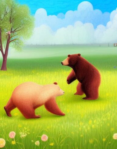 Drawing of two bears in flowers field