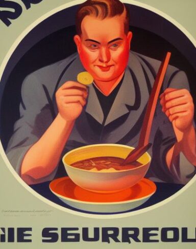 Man holding the spoon in front of a bowl of soup