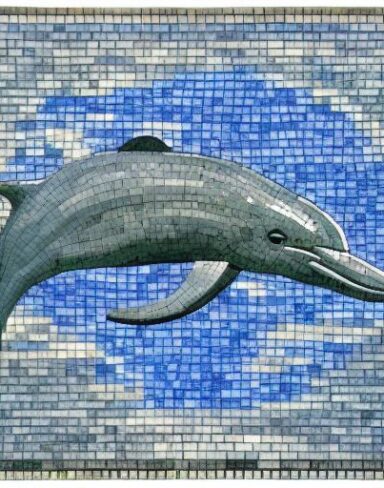 Mosaic of a dolphin swimming in the marine ocean inspired by Charles Ginner