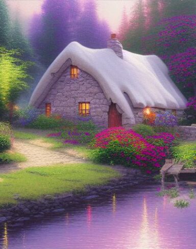 One painting of a cottage by a river with flowers
