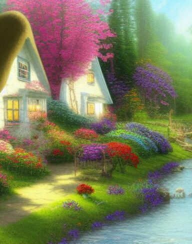 Painting of a cottage by a river with flowers