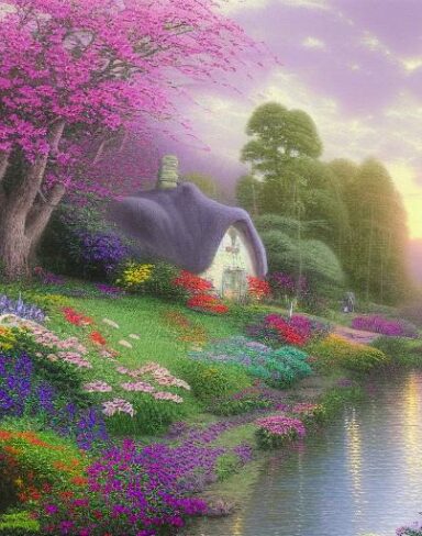 Painting of a cottage near a river with many flowers