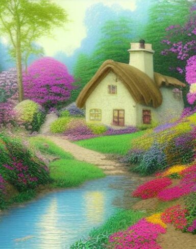 Painting of a cottage near a river with vivid flowers
