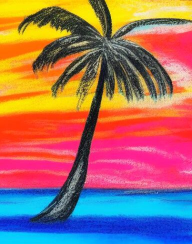 Painting of a palm tree on a beach