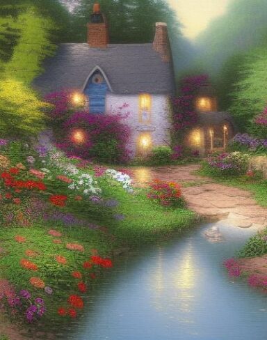 Painting of the cottage by a river with flowers