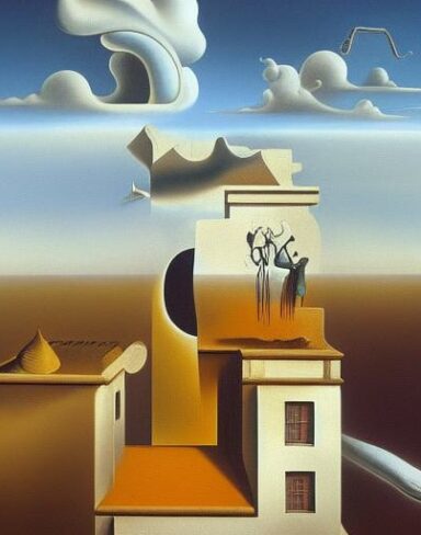 Painting on the side of a building in the sky