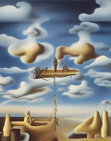 Painting on the side of a building in the sky