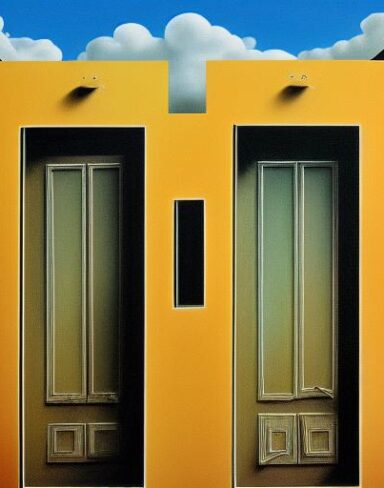 Painting on the side of a building with doors in the sky