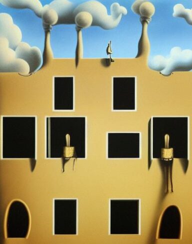 Painting on the side of a building with doors in the sky