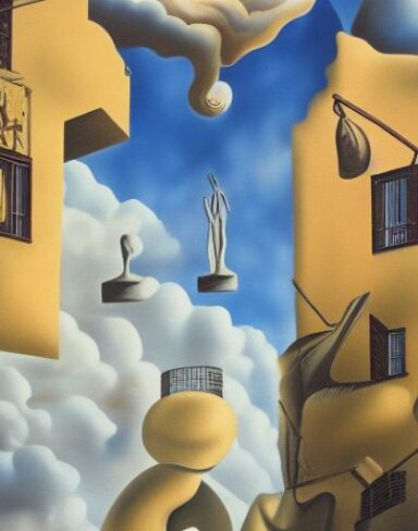 Painting on the side of a building with sculptures and sky