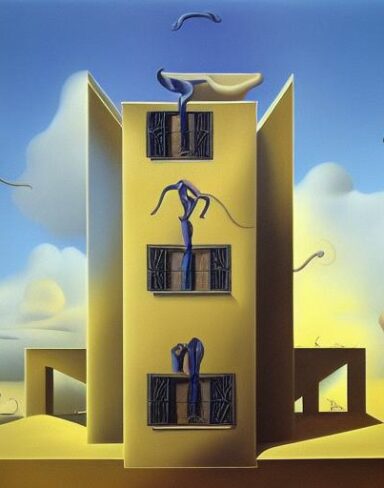 Painting on the side of a building with sculptures and sky