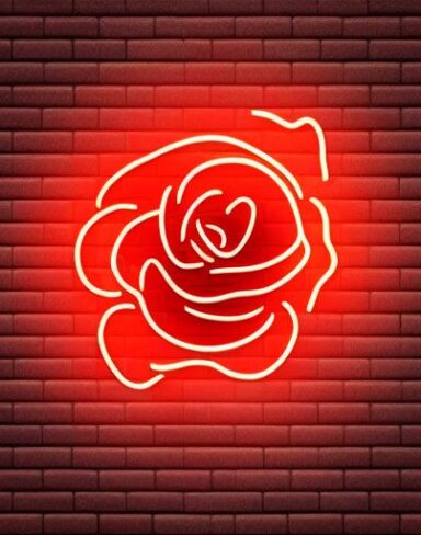 Red flower neon sign on the brick wall