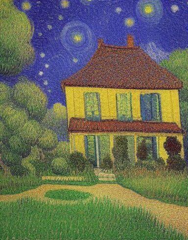 The art painting of the house in garden