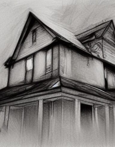 The black and white charcoal drawing of house