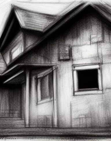 The black and white charcoal drawing of house