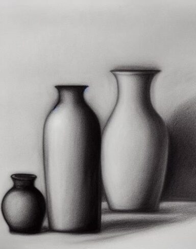 The black and white charcoal drawing of two vases and a bottle