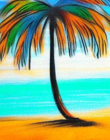 The color painting of a palm tree on a beach