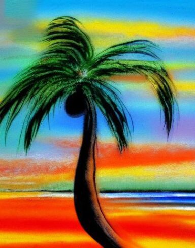 The color painting of a palm tree on a beach