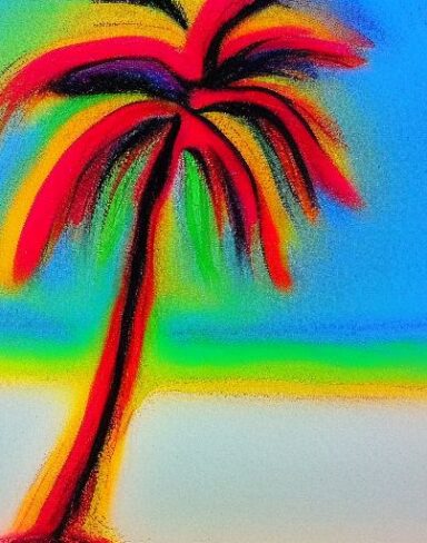 The color painting of a palm tree on a beach
