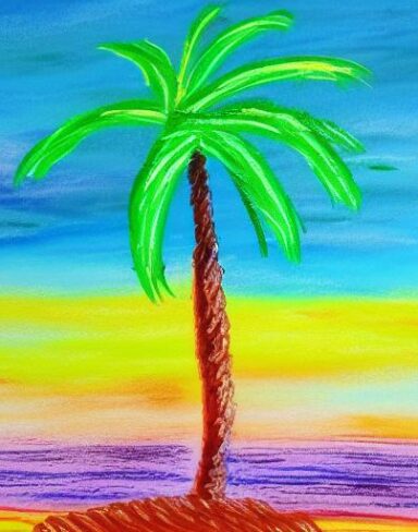 The color painting of a palm tree on a beach
