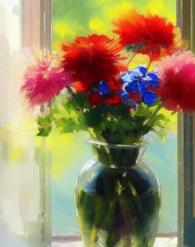 The color painting of flowers in a vase on a window side