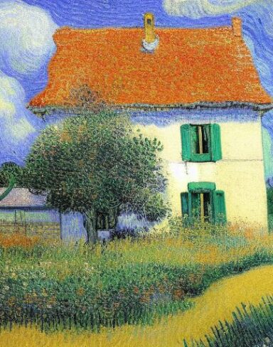 The impressionism painting of the house and flowers