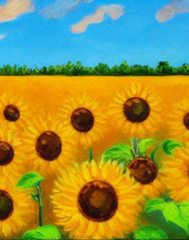 The oil painting of sunflowers in the field