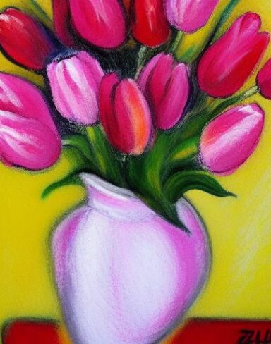 The painting of several pink flowers in a vase