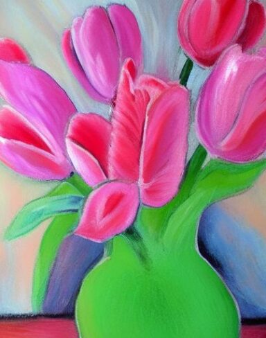 The painting of several pink flowers in a vase