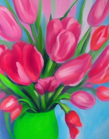 The painting of several pink flowers in a vase