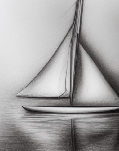 The pencil drawing of a sailboat in the water
