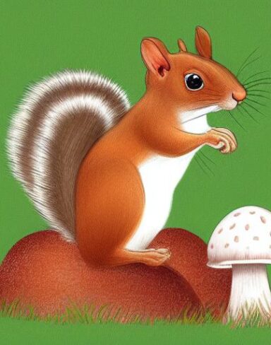 The squirrels near a mushroom