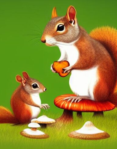 The squirrels near a mushroom
