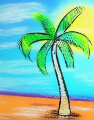 hand draw painting of palm tree on a beach