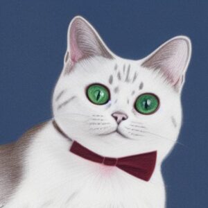A close up of a cat wearing a white bow tie