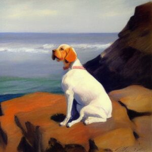 A painting of a dog sitting on a rock by the ocean