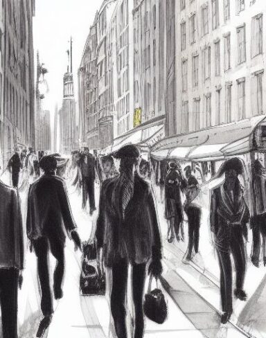 A art painting of people walking down a city street