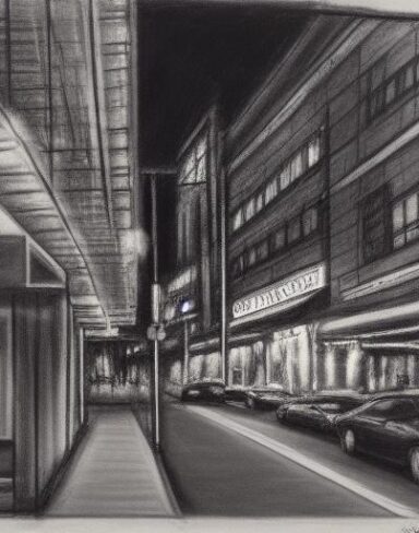 A black and white Charcoal drawing of a city street with a restaurant and bar at night time