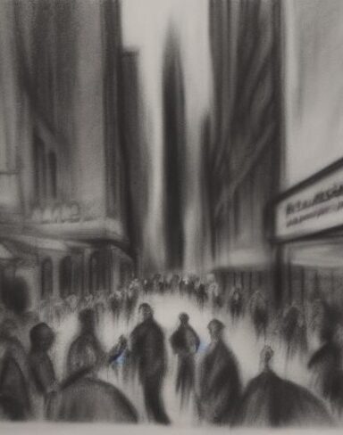 A black and white Charcoal drawing of a city street with restaurant and bar and crowd outside