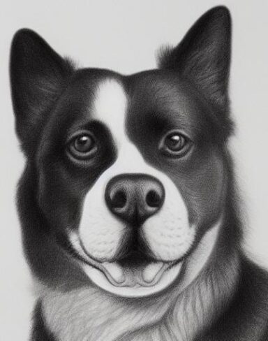 A black and white drawing of a dog portrait