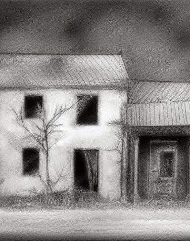 A black and white drawing of a house