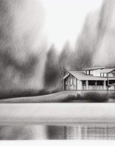 A black and white drawing of a house near a lake