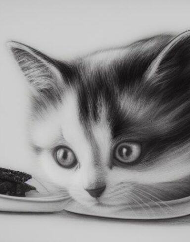 A black and white drawing of a kitten enjoying food