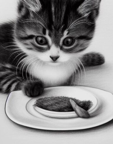 A black and white drawing of a kitten enjoying food