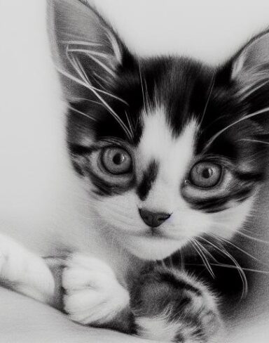 A black and white drawing of a kitten playing around