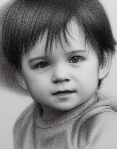 A black and white drawing of a little boy