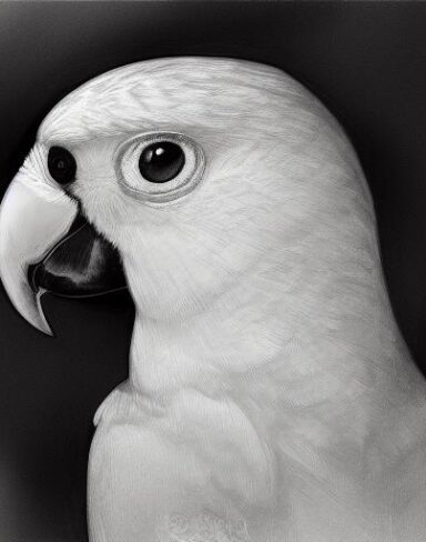 A black and white drawing of a parrot